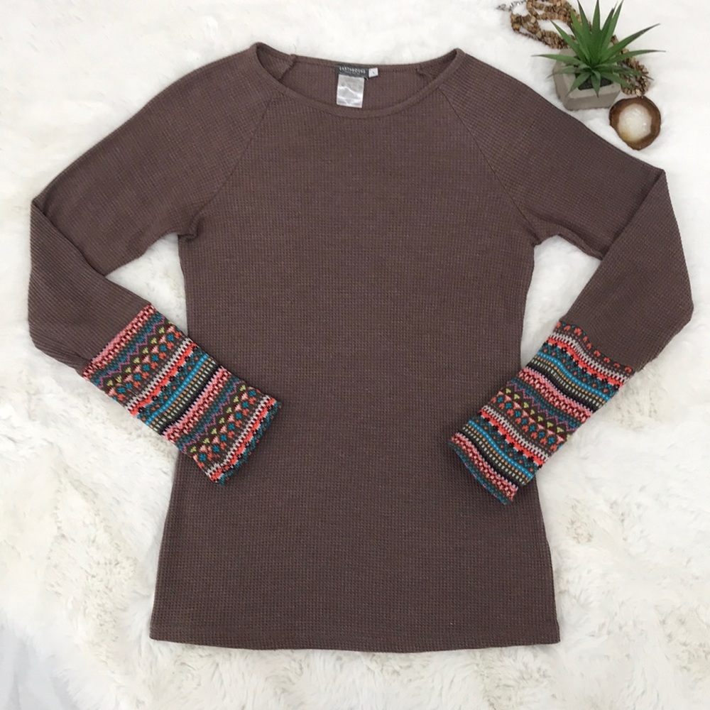Earthbound Boho Waffle Knit Tribal Cuff Henley Long Sleeve Shirt Size Large